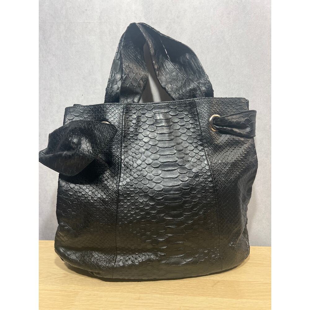 Furla Black Python Embossed Leather Side Bow Hobo… - image 5